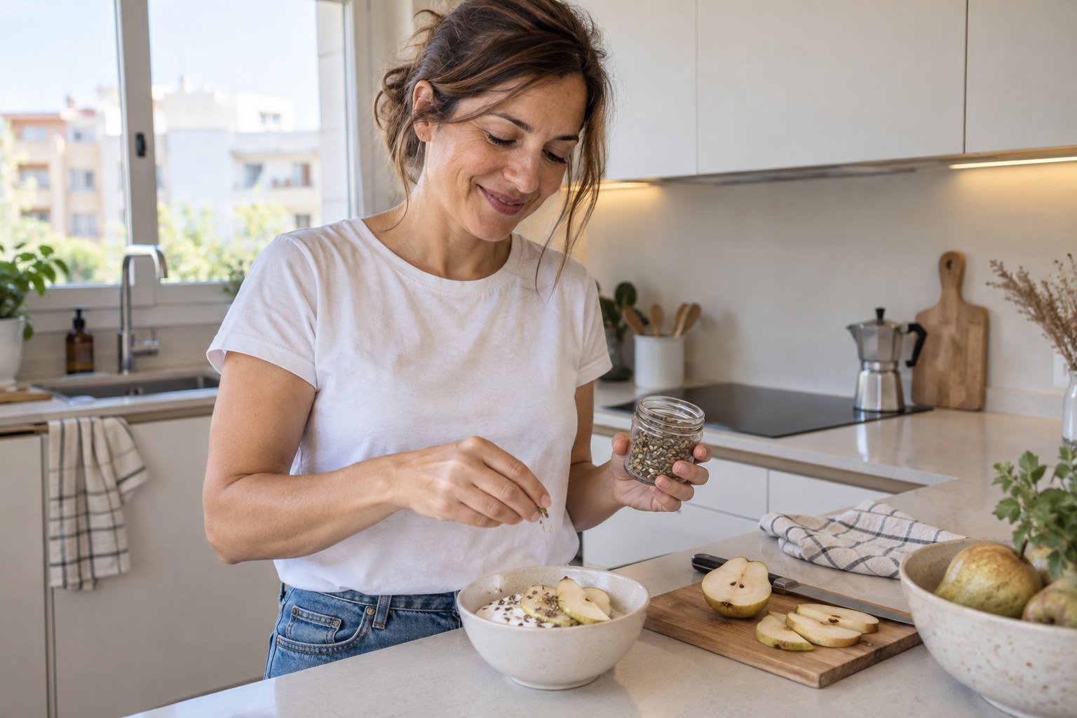 Escena ilustrativa de una mujer preparando yogur y semillas en una cocina actual